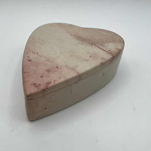 Heart Raspberry Alabaster Pink Trinket Jewelry Box Hand Carved Lid 5" Valentine - Picture 3 of 3